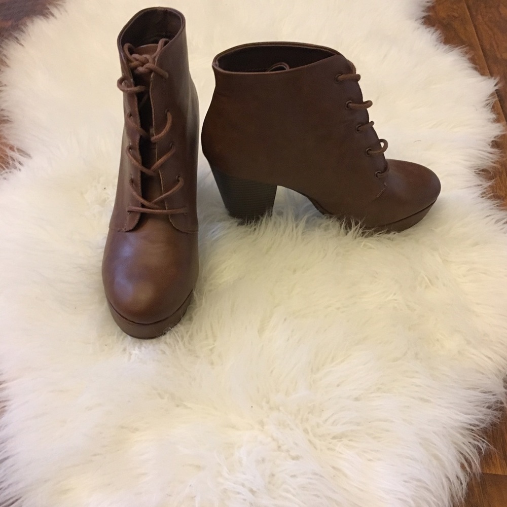 Brown lace up bootie heels