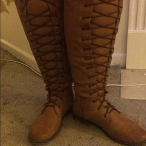 Size 11 brown, knee-high, lace-up leather boots
