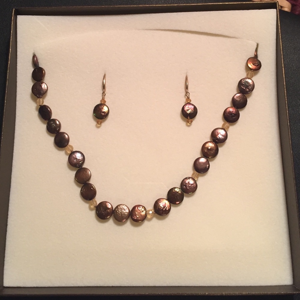 Brown Pearl Earrings and Necklace Set