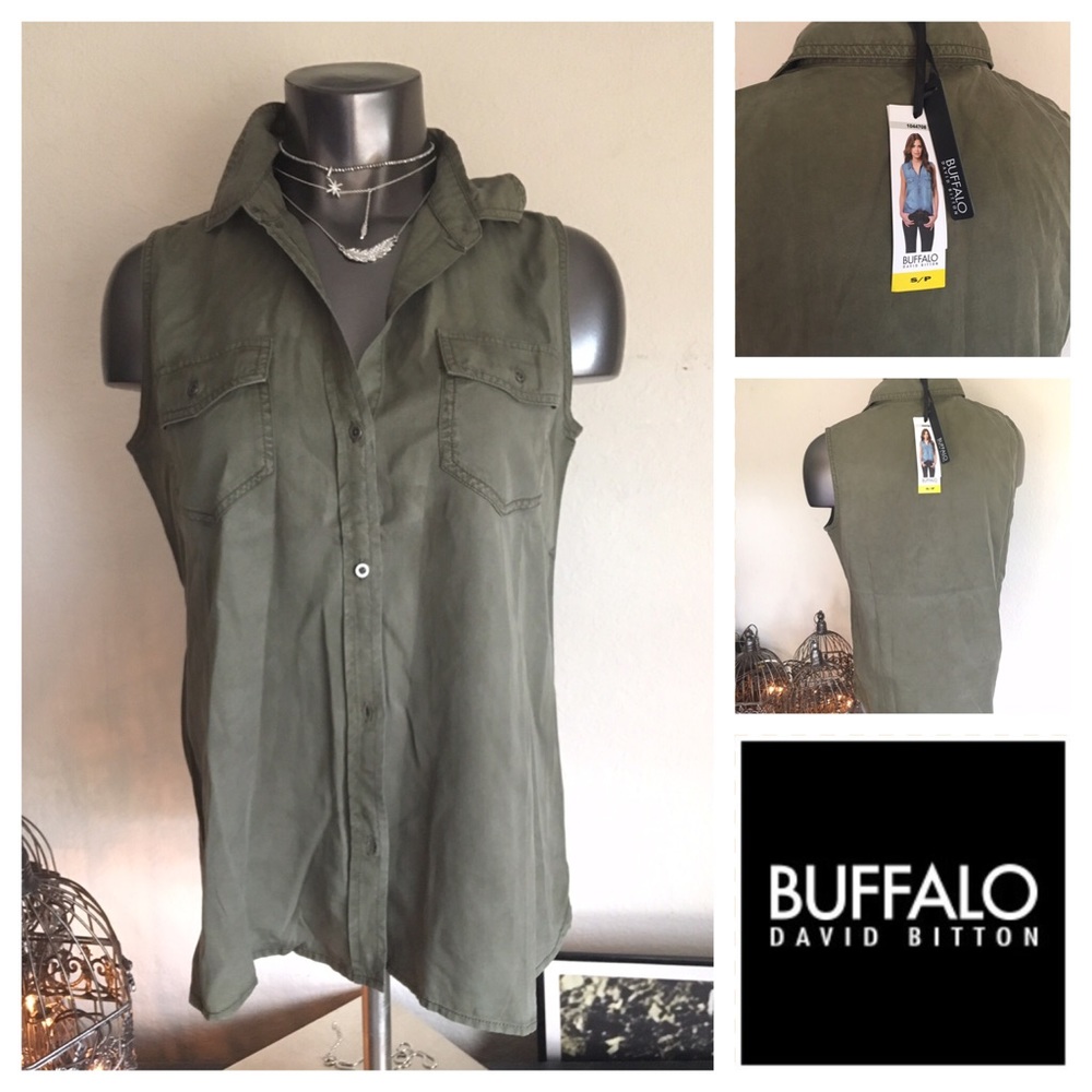 BUFFALO Olive Green Cotton Sleeveless Button Down