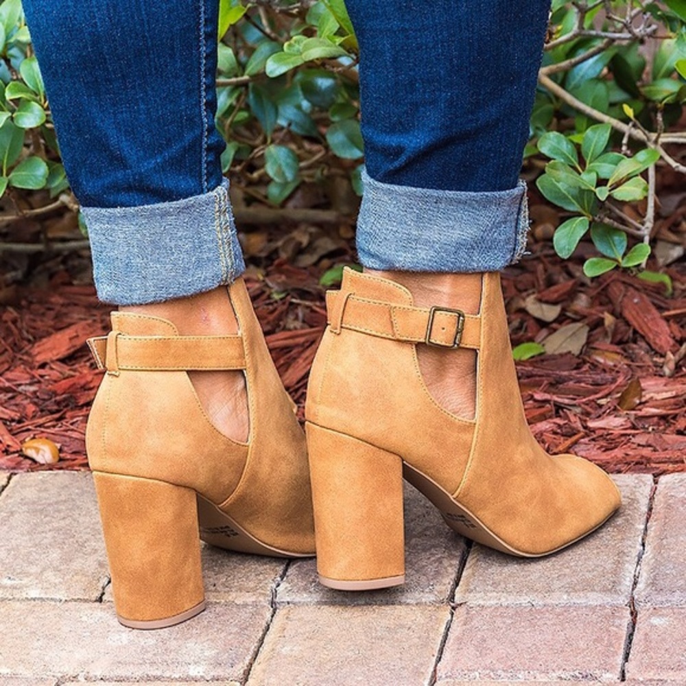 Peep-Toe Tan Suede Ankle Booties - Picture 2 of 2