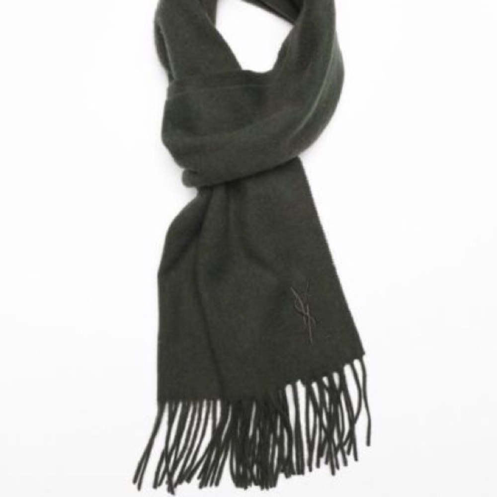 YSL Wool Logo Scarf in Forest Green