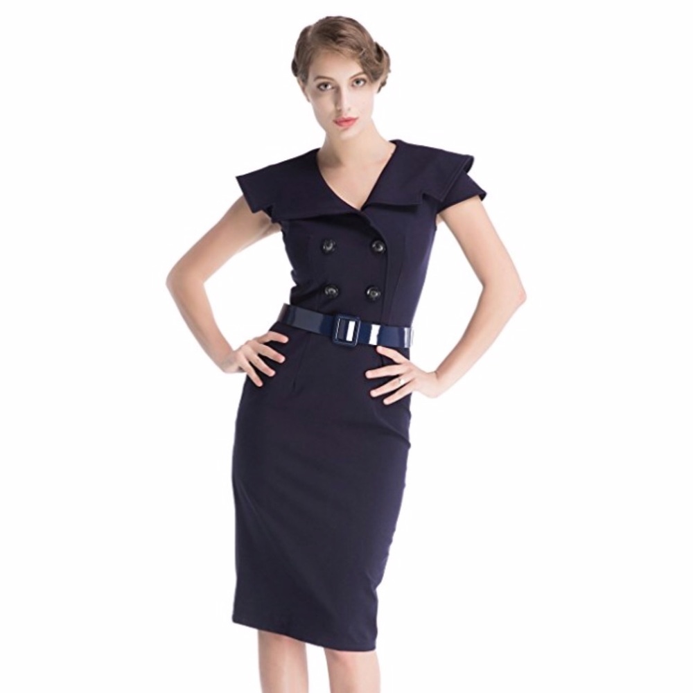 50's style double-breasted pencil dress (s, blue)