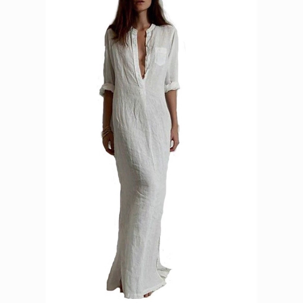 New White Casual Long Sleeve Deep V Neck Maxi