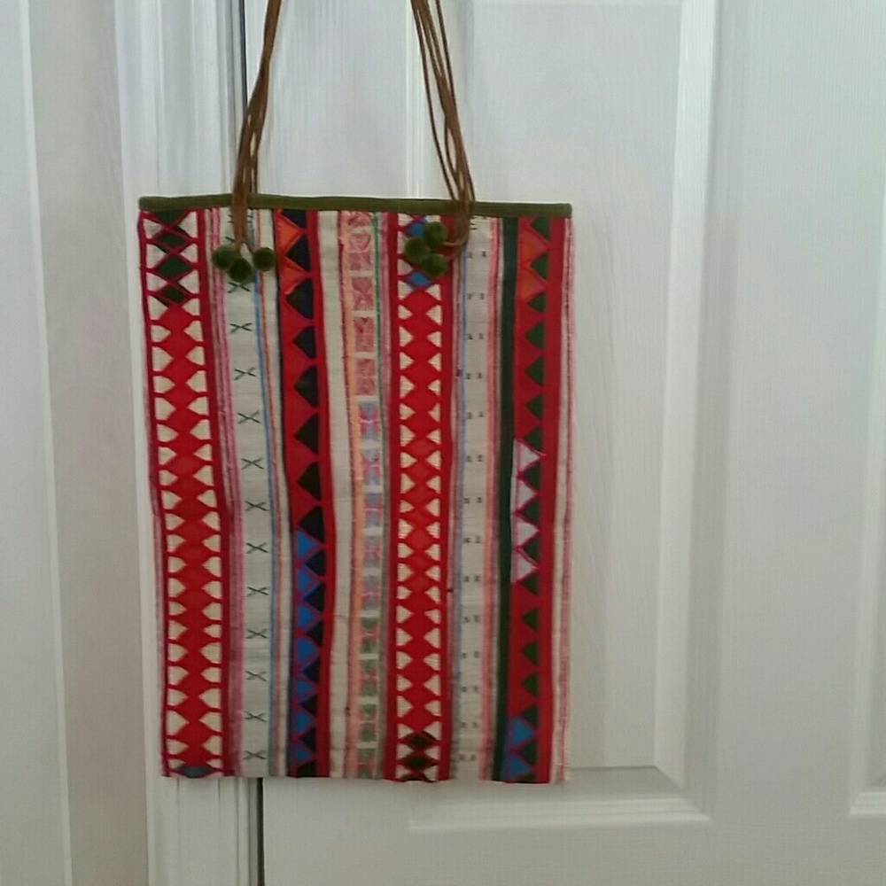 Red multi cotton tote bag