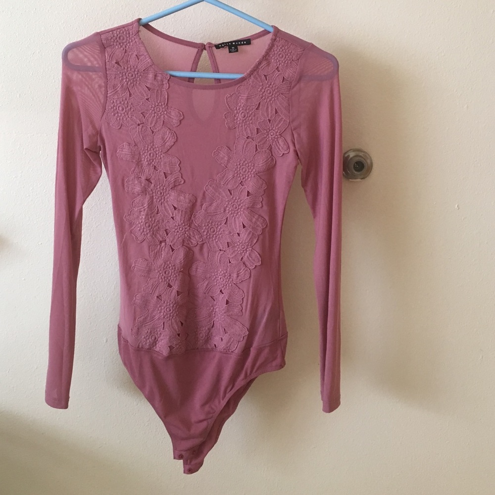 Pink Sheer Mesh Floral Lace Appliqué Bodysuit