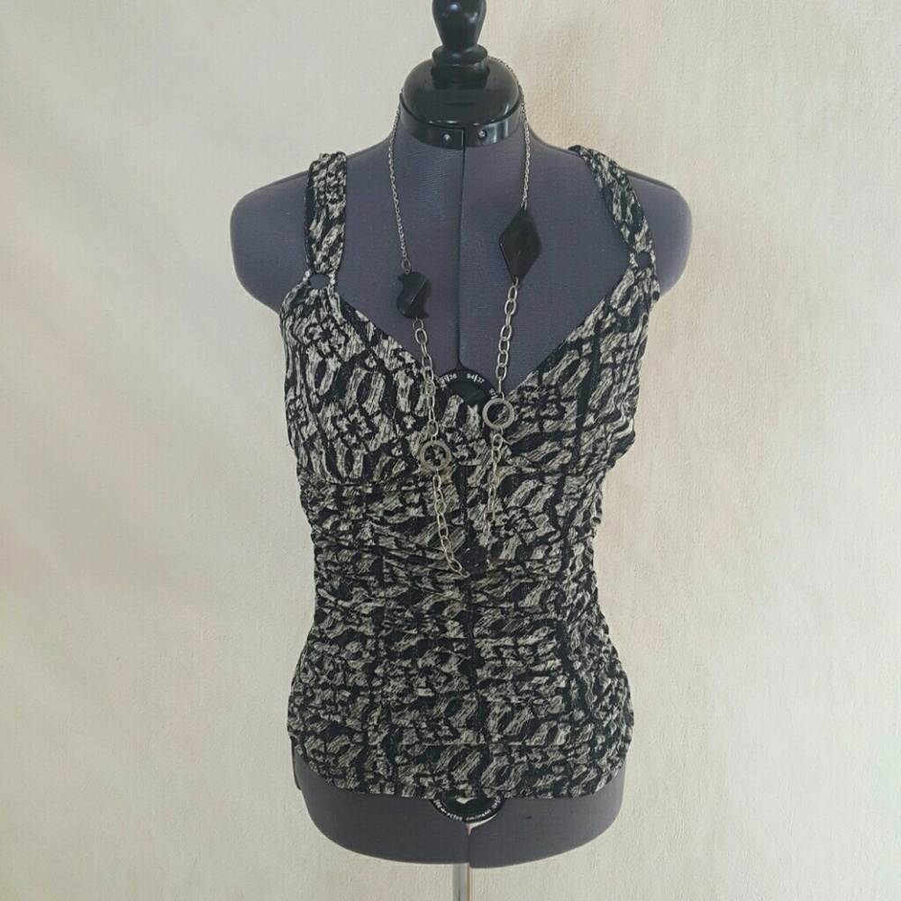 Black and Cream Patterned Top w/ Silver Speckle