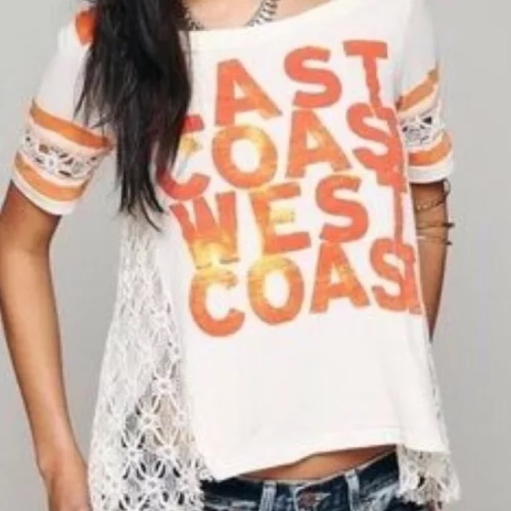 FREE PEOPLE  Orange Crochet Sides Jersey Top S