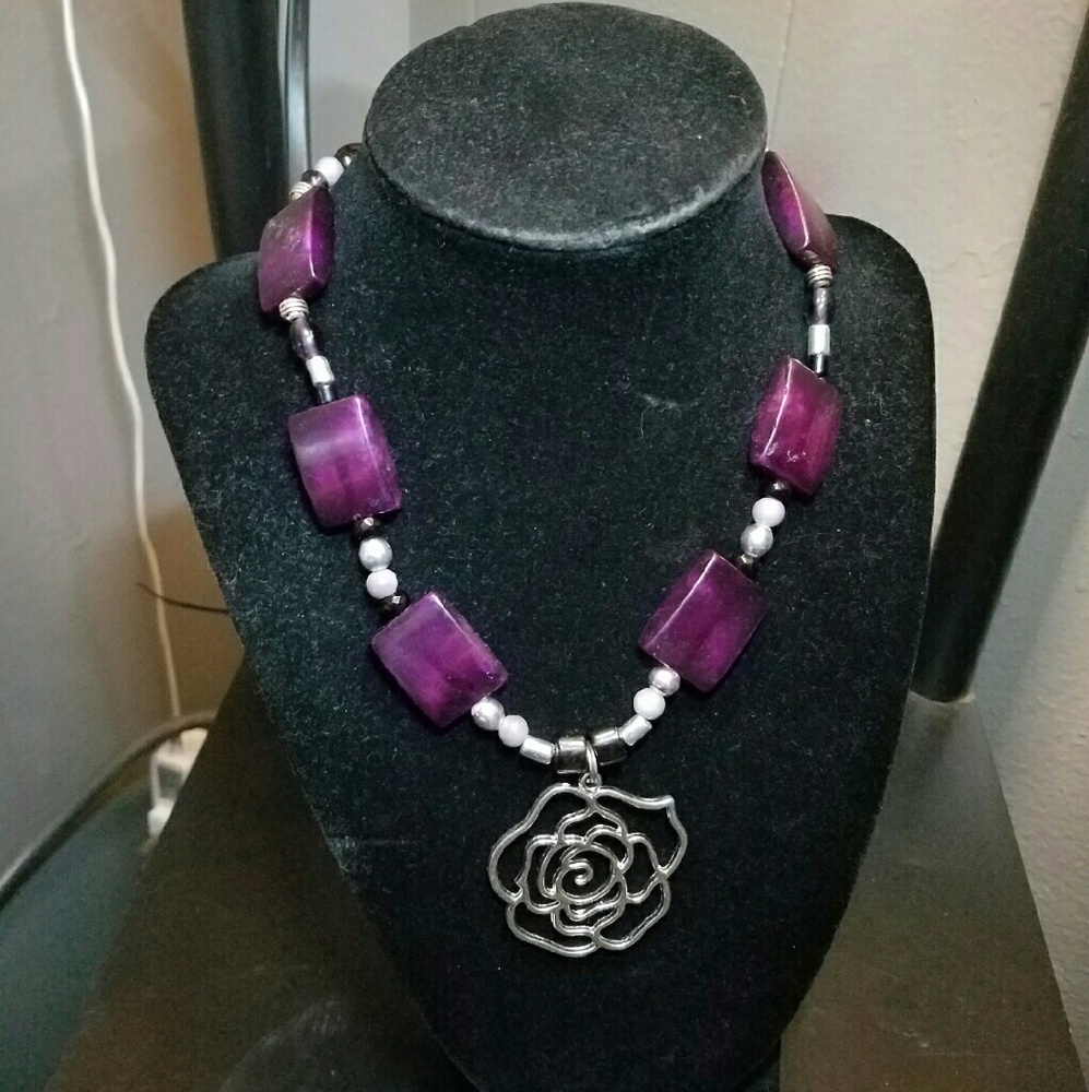 Purple silver rose necklace