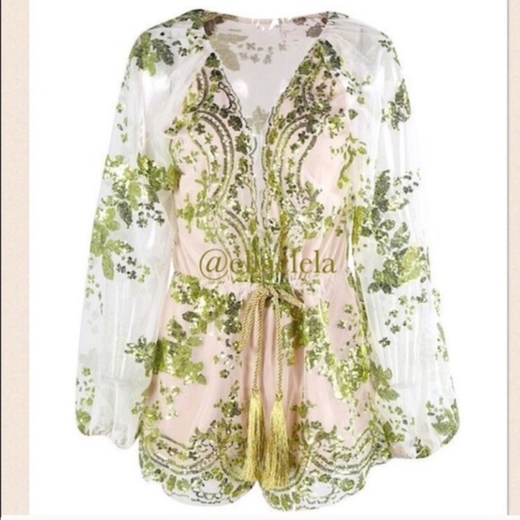 Sexy Green Sequin Sheer Romper Party Outfit - Picture 4 of 5