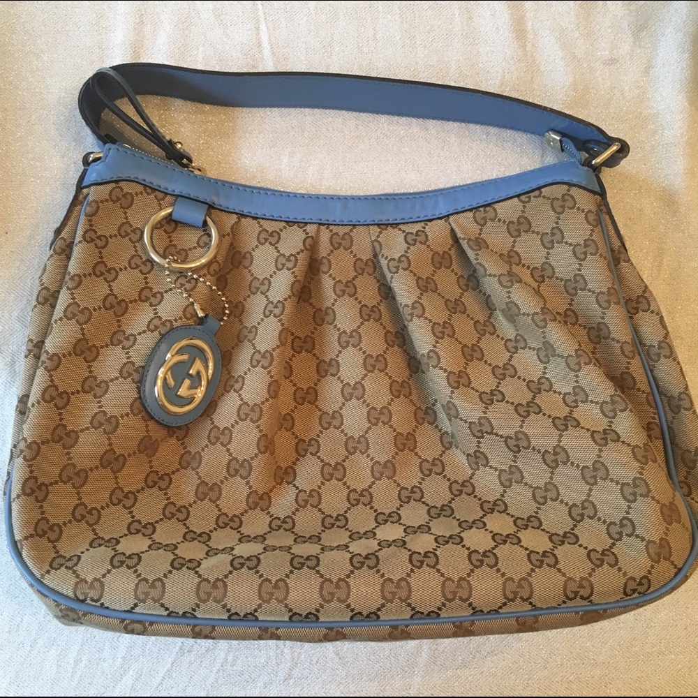 Brown Gucci Hobo Bag with Light Blue leather trim
