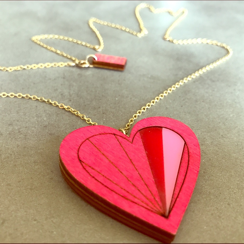 Colorful Red & Pink Wood Cut Steven Shein Necklace