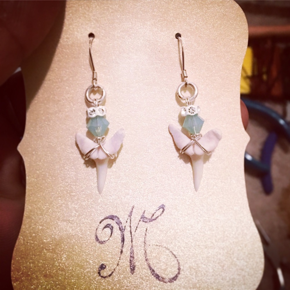 Cruelty free handmade by me shark teeth earrings.