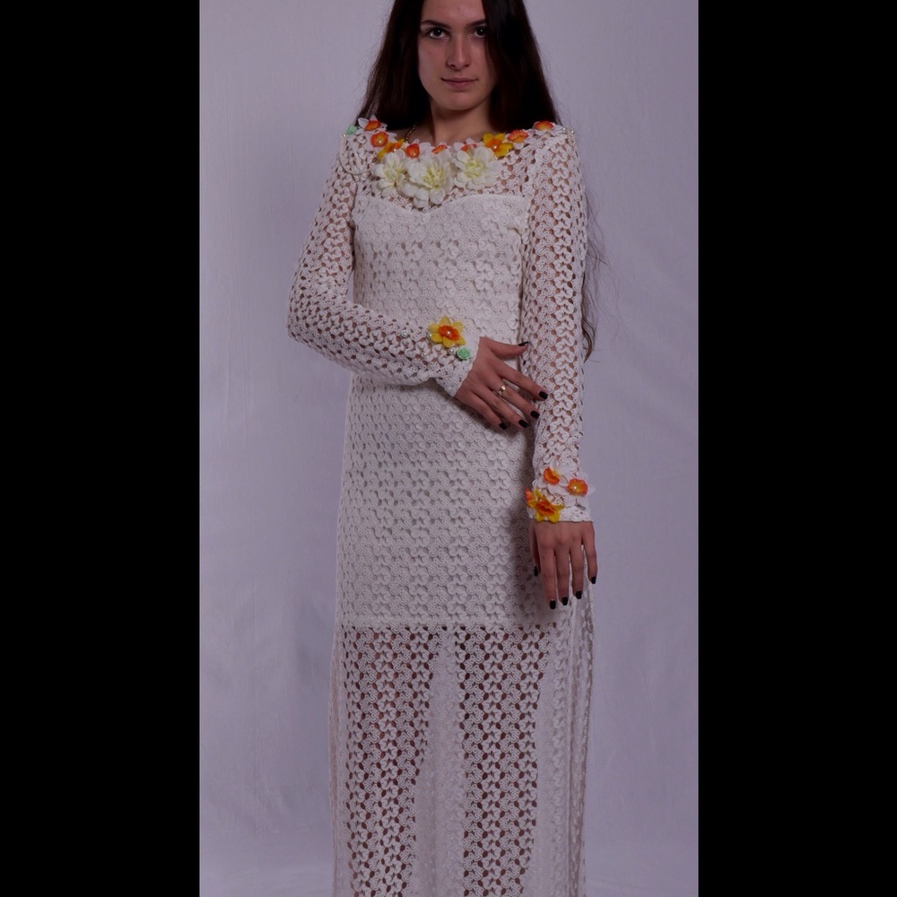 White lace long dress with flowers and pearls