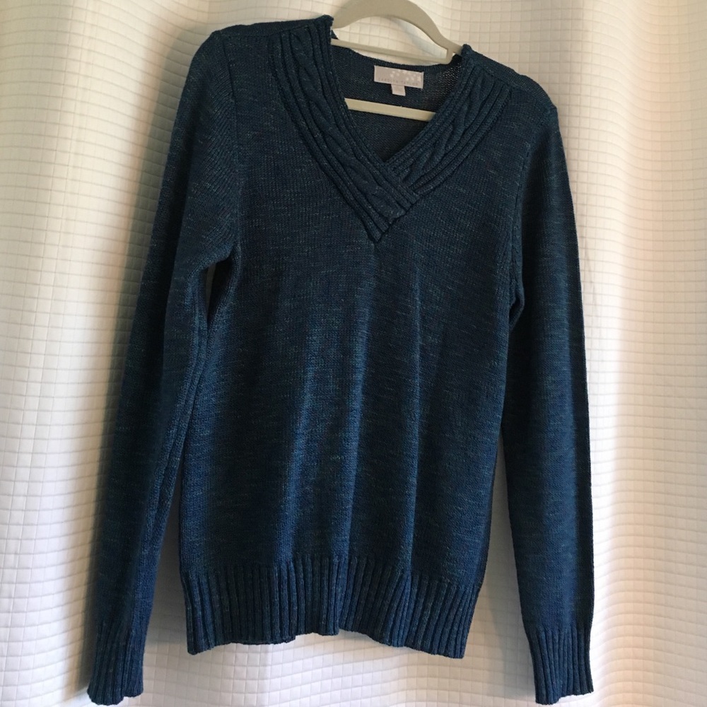 Carolyn Taylor Teal w/ multicolor flecks.