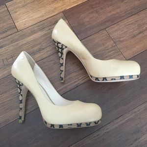 Nude Tan Coach Heels Pumps Platform with Wood Heel