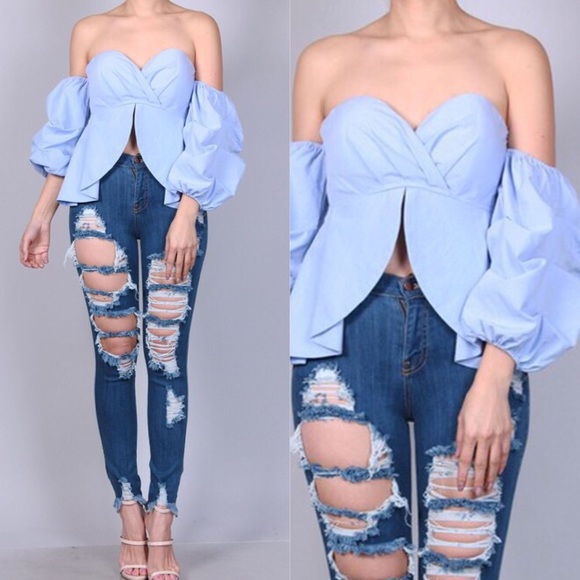 Memorialday sale! Blue Off Shoulder Flare Blouse - Picture 2 of 5