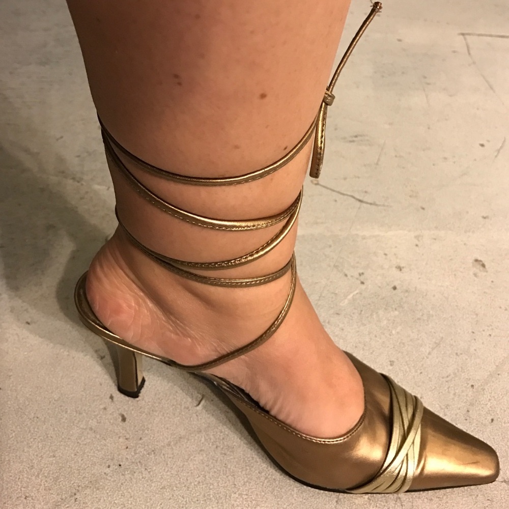 Gold tie up heels
