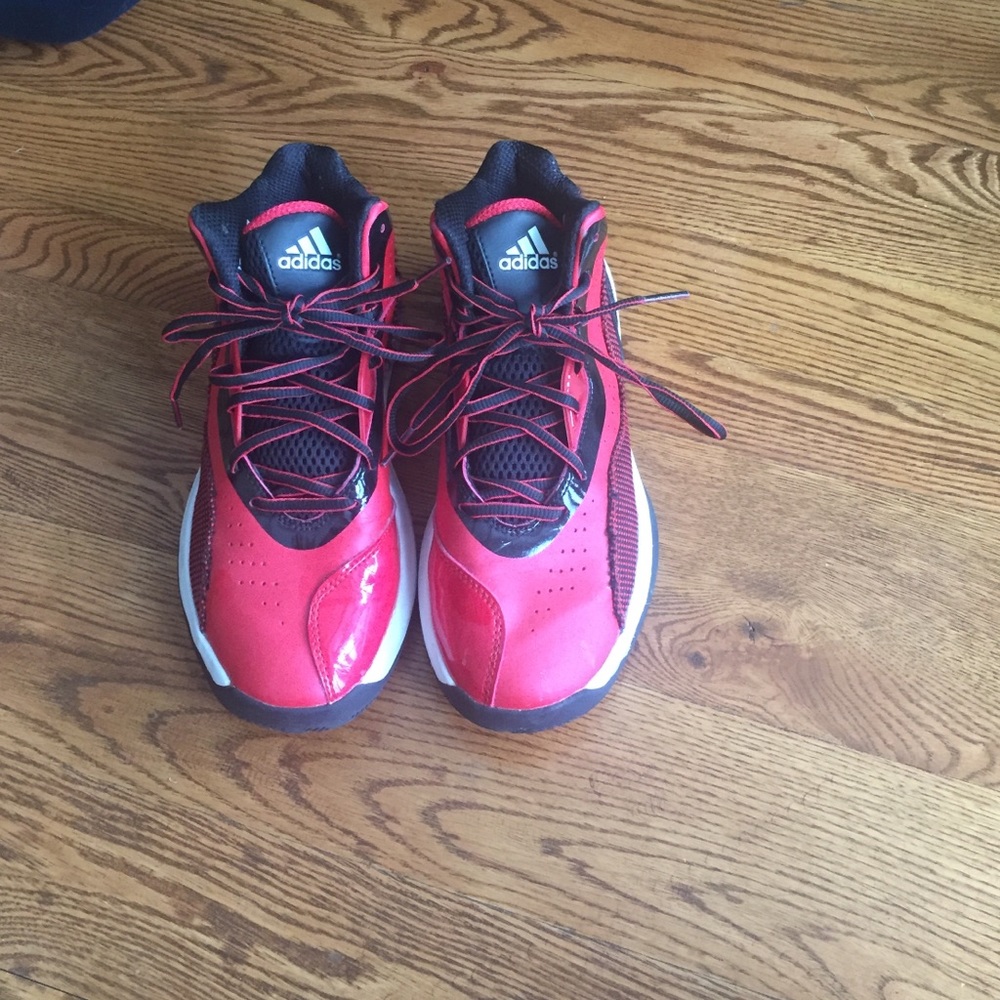 Boys adidas red black and white basketball shoes