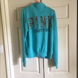PINK Quarter Zip pullover teal/cheetah print