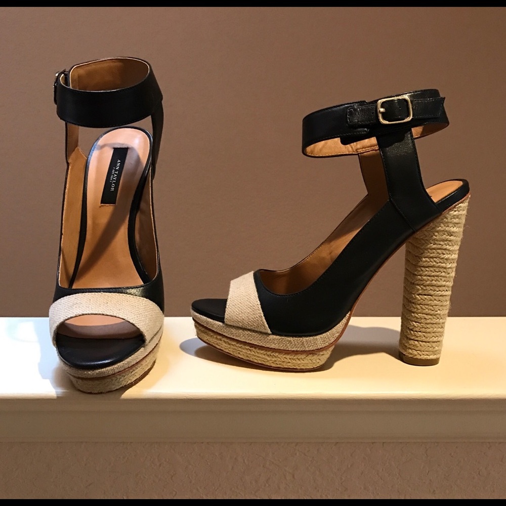 Two-tone leather/linen platform sandal