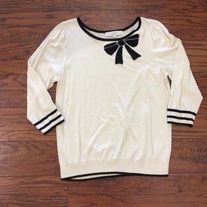 Ann Taylor Loft 3/4 Sleeve Bow Sweater Lightweight Black Ivory Petite Large