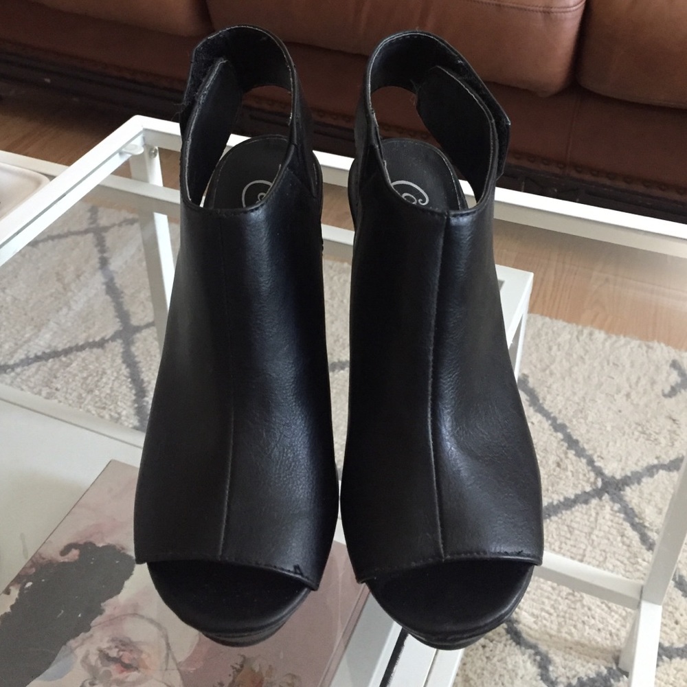 Black Peep-Toe Wedge Heels