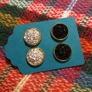 Silver and Black Faux Druzy Stud Earrings in Gold