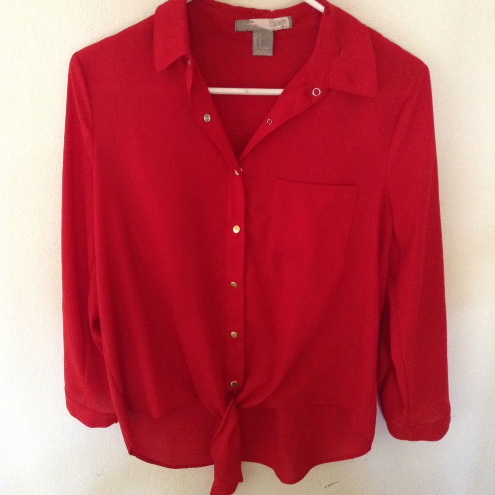 Red button up blouse