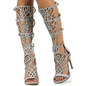 Gladiator knee-high silver rhinestone heels