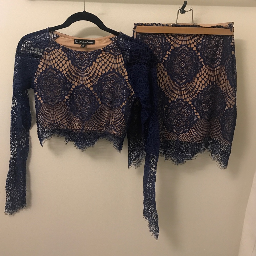 Two piece blue lace top and skirt w nude lining