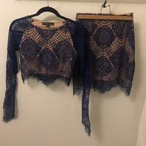 Two piece blue lace top and skirt w nude lining