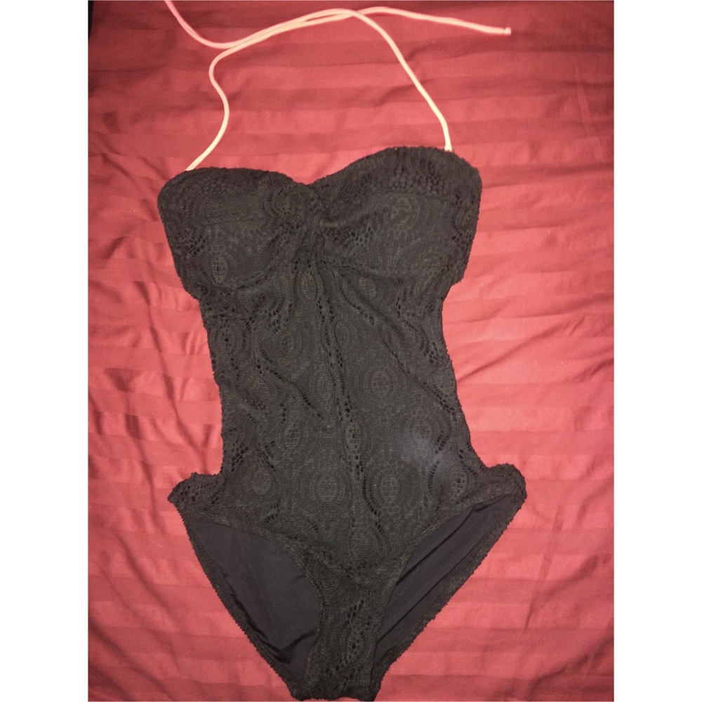 Black lace swim w/ pink corset ties in back