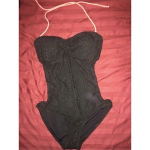 Black lace swim w/ pink corset ties in back