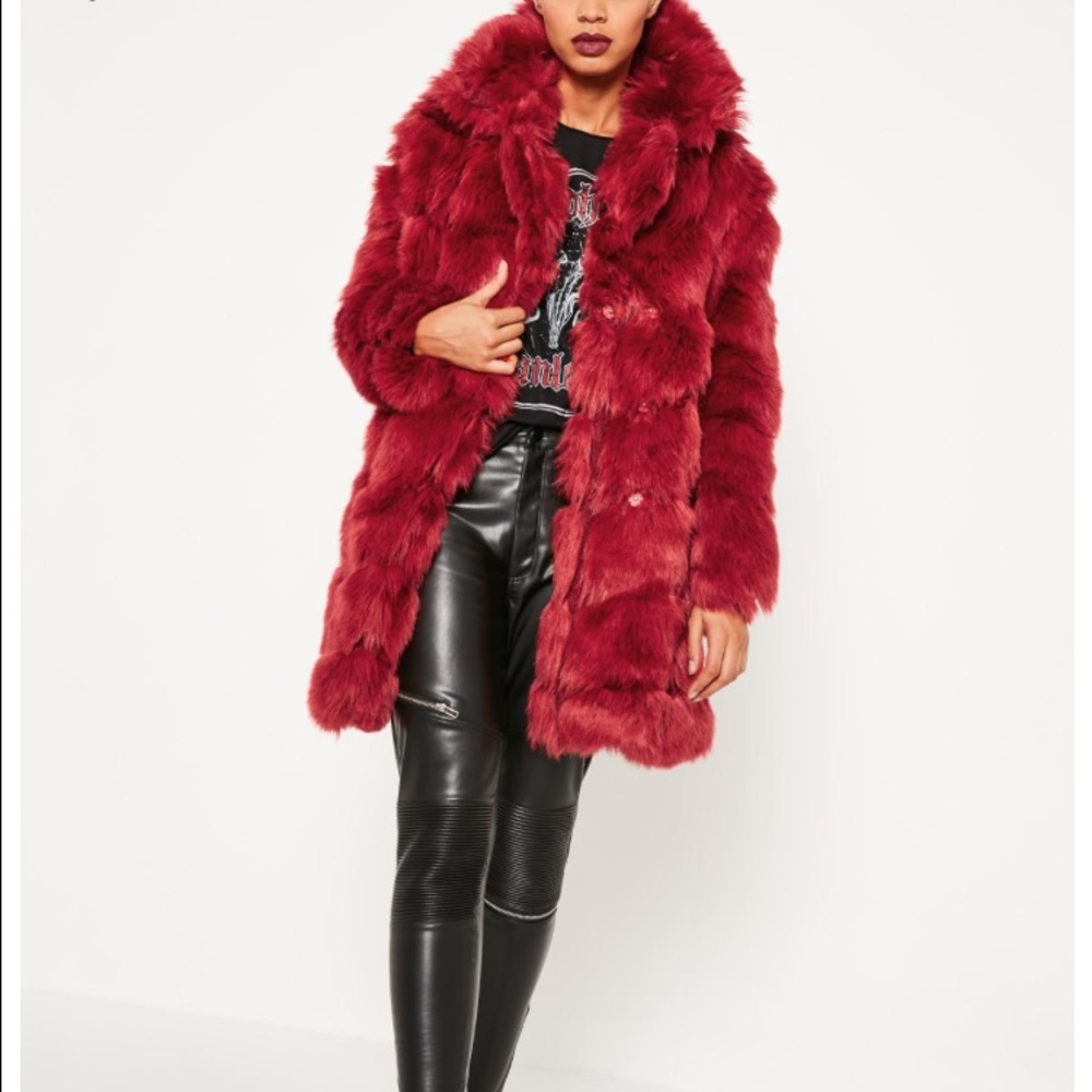 Faux fur coat women's size 10 dark red