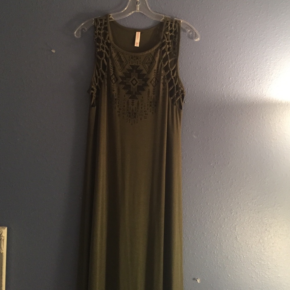 Full length olive green Aztec dress