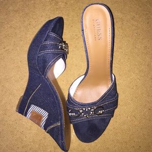 Guess denim 4" heel wedge mules