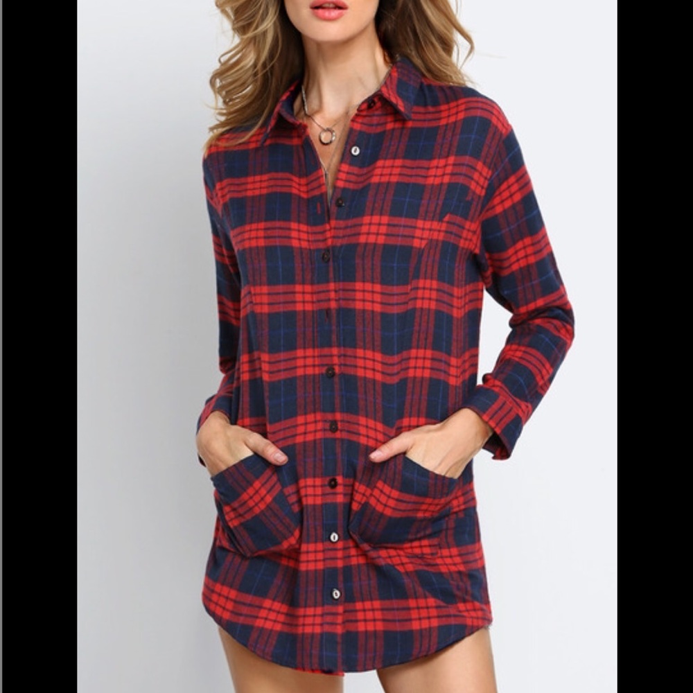 New! Long Sleeve Red Plaid Lapel Button Up Shirt