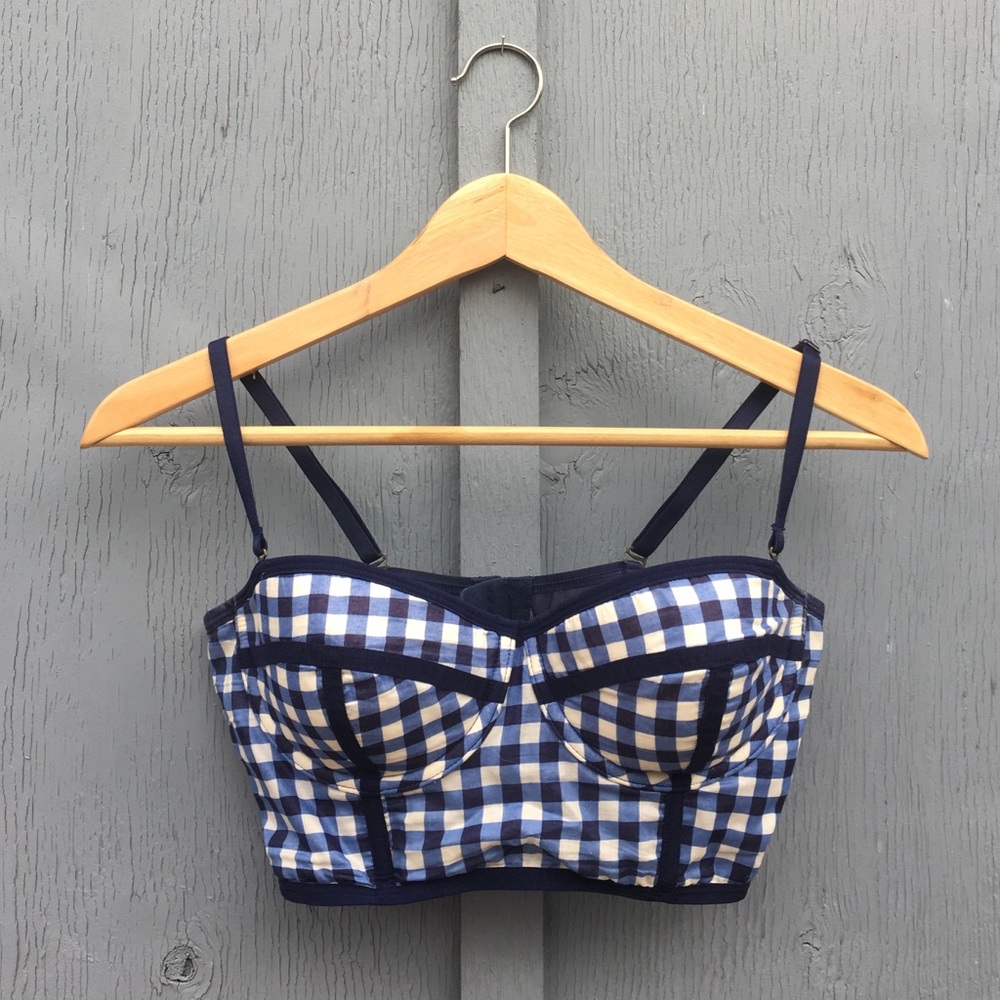 Blue Gingham Long Line Bra - Anthropologie - 34C
