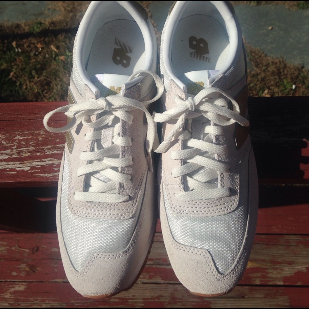 JCrew exclusive cream & gold NB tennis shoes