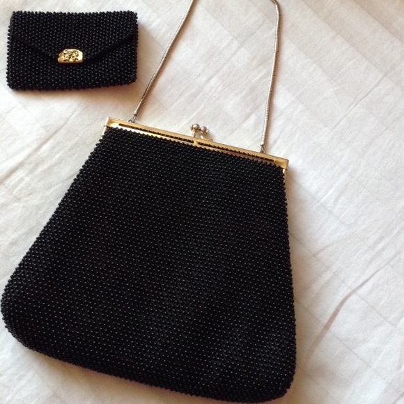 Handbags - VINTAGE BLACK BEADED CLUTCH BAG  NWOT