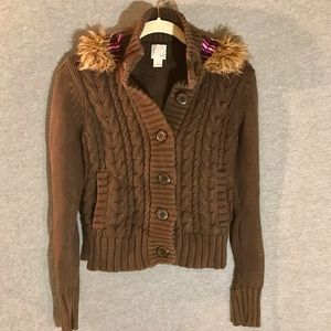 Girls XL Cable Knit Cardigan with Fleece Fur Hood