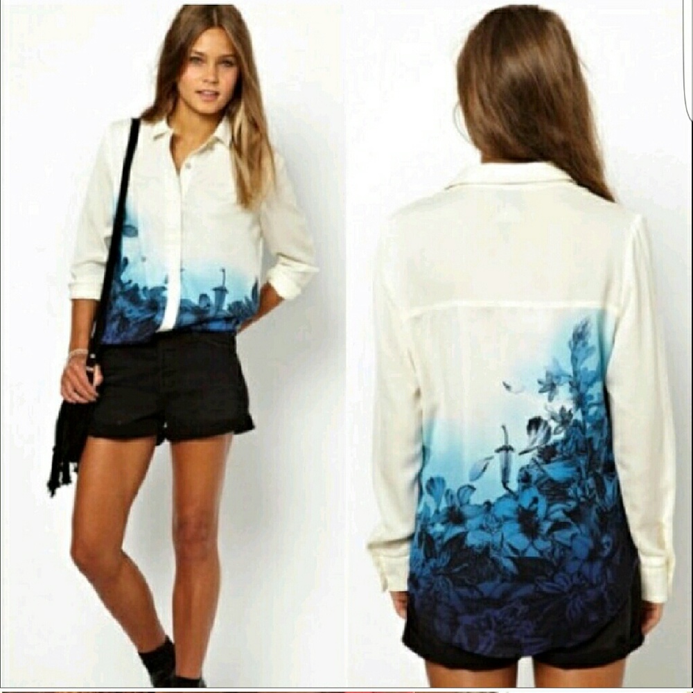 $5 Blueflowers watercolor chiffon blouse button up