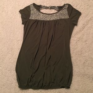 Olive green short sleeve w/ floral design.