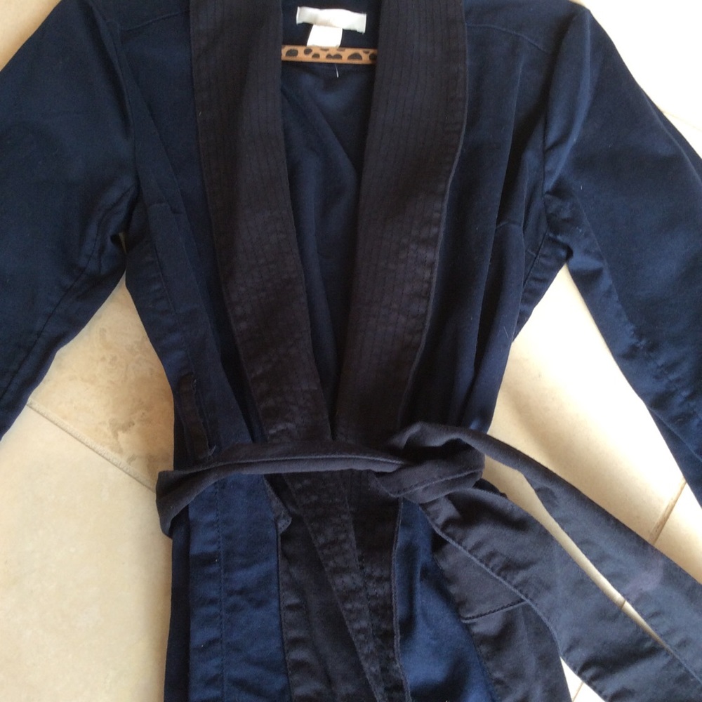 Navy and dark blue wrap jacket with sash belt