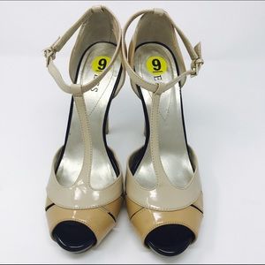 Guess platform heels pump tan black open toe shoes