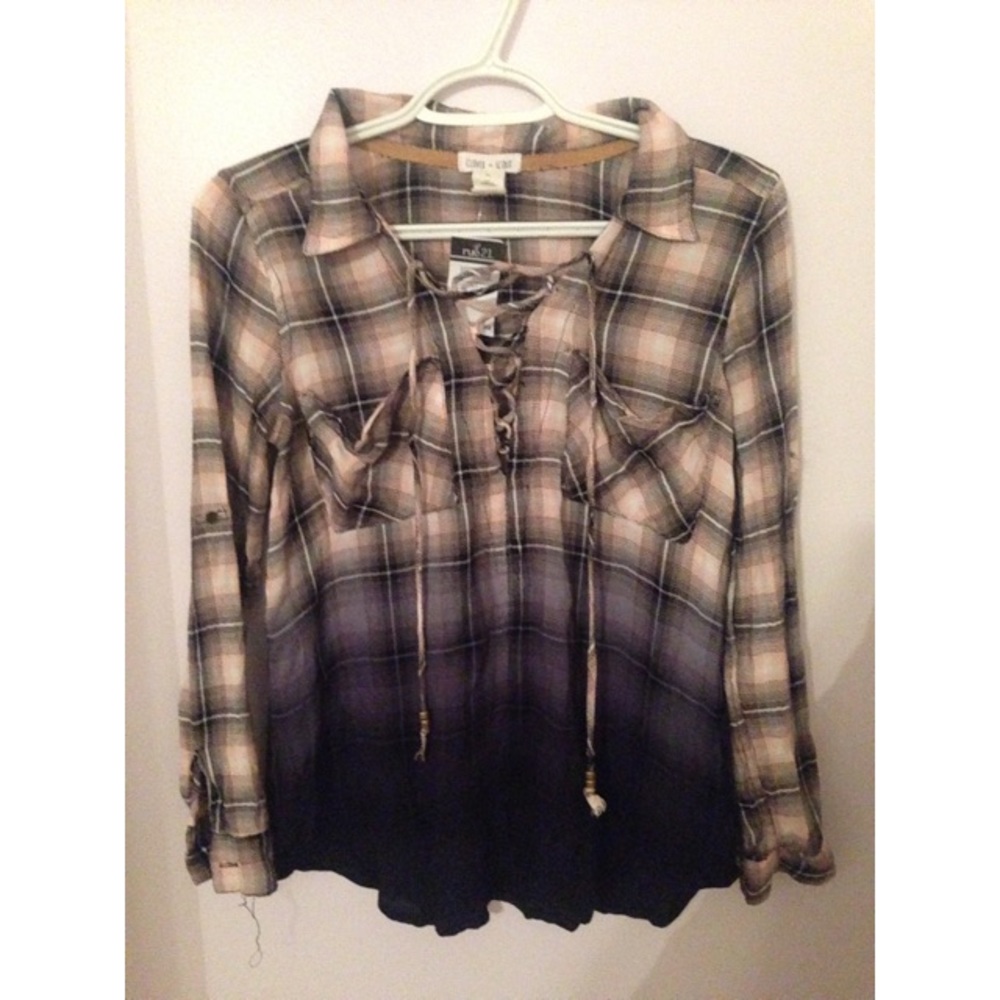 Ombré Plaid Lace Up Blouse