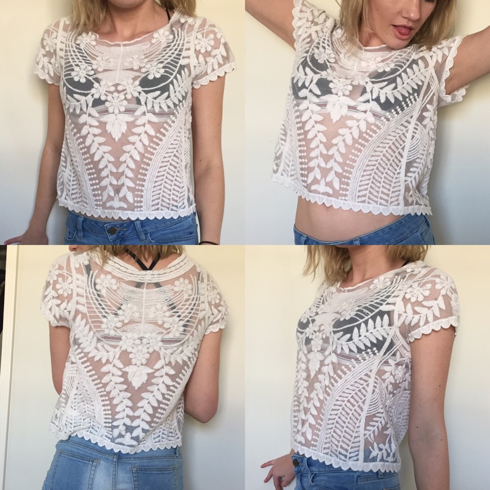 Lace see through cream colored short sleeve top