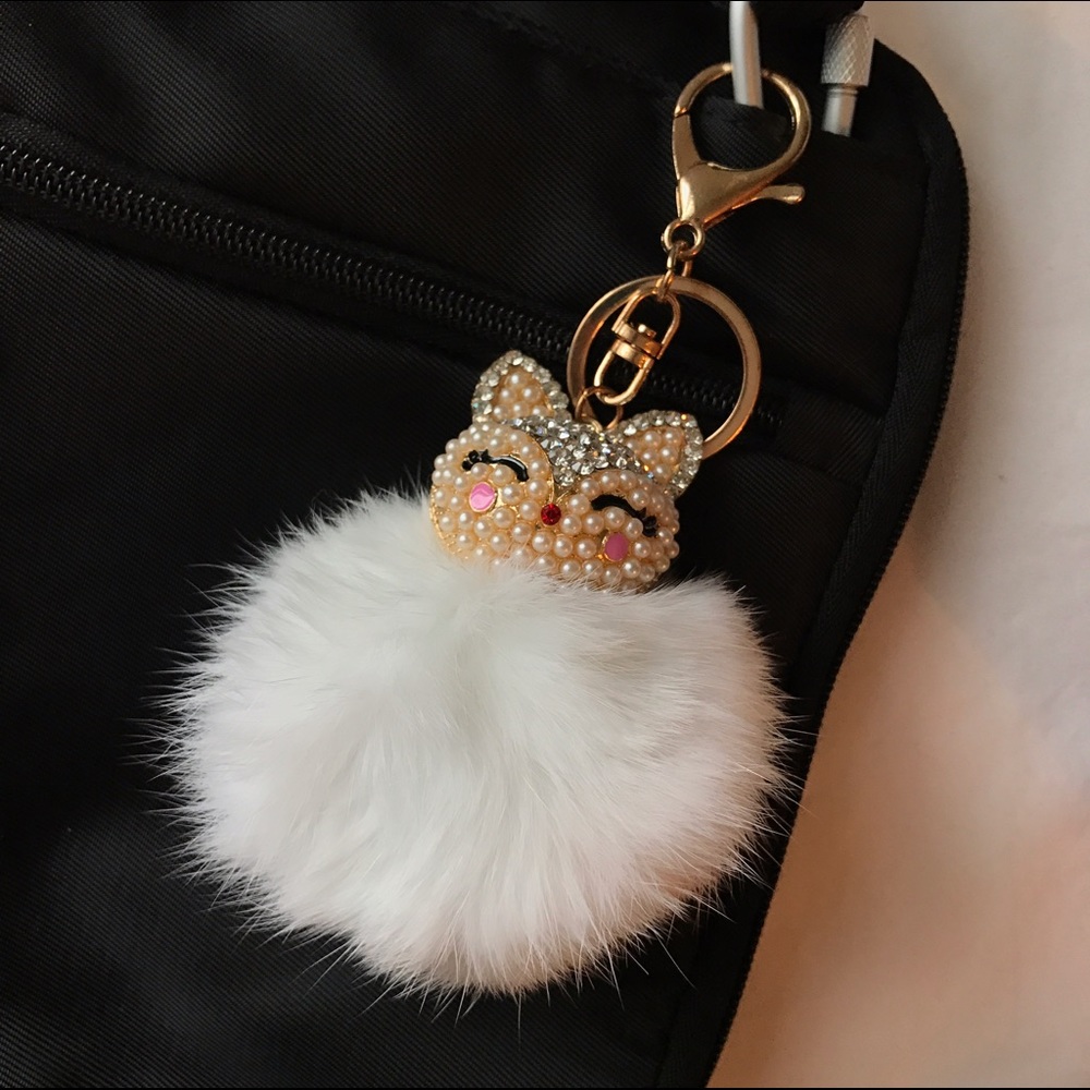 White Fox Head Fur Ball Bag Charm Key Chain