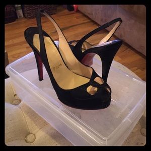 Black satin peep toe sling back
